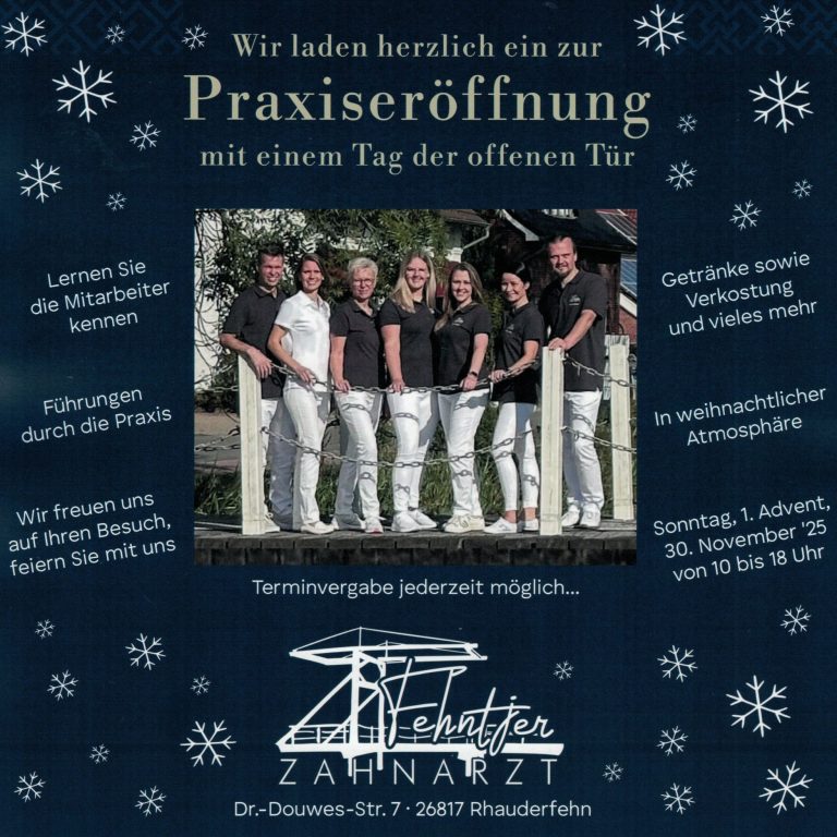 Einladung zur Praxiseröffnung mit einem Team von sechs Personen vor einer Praxis.